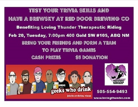 Geeks Who Drink fundraiser for Loving Thunder Riding